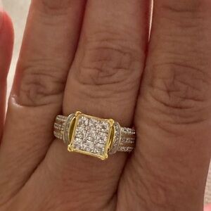 Square cluster diamond engagement ring with channel set stones